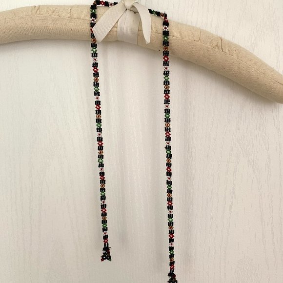 Hungarian Skinny Beaded Scarf Necklace with Black, Green, Red, White Bead Detail - Picture 1 of 12